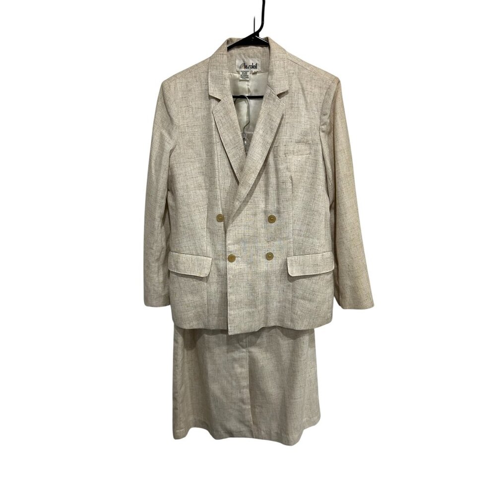 Vintage Le Soleil Blazer & Skirt Set Beige Sz 15/16 Double Breasted Office Work